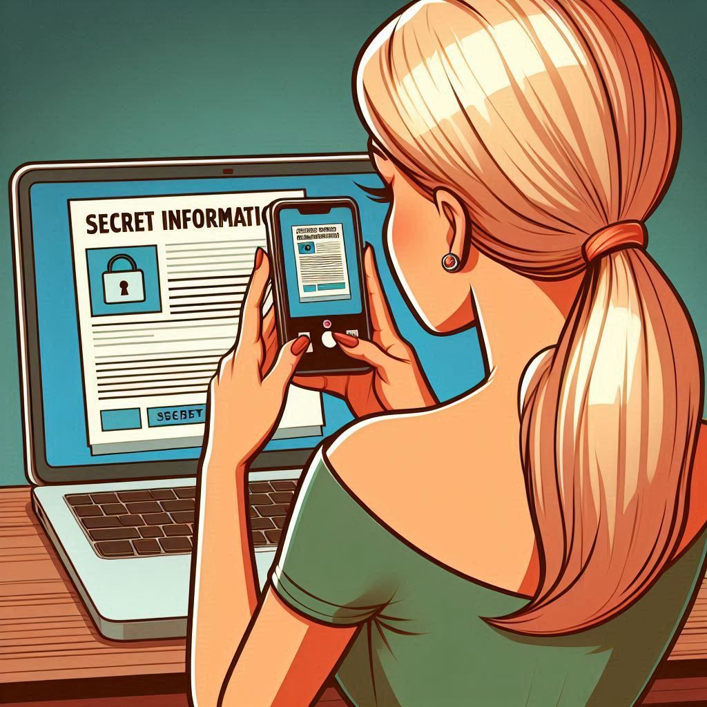 Vrouw die foto maakt met telefoon van sensitieve documenten