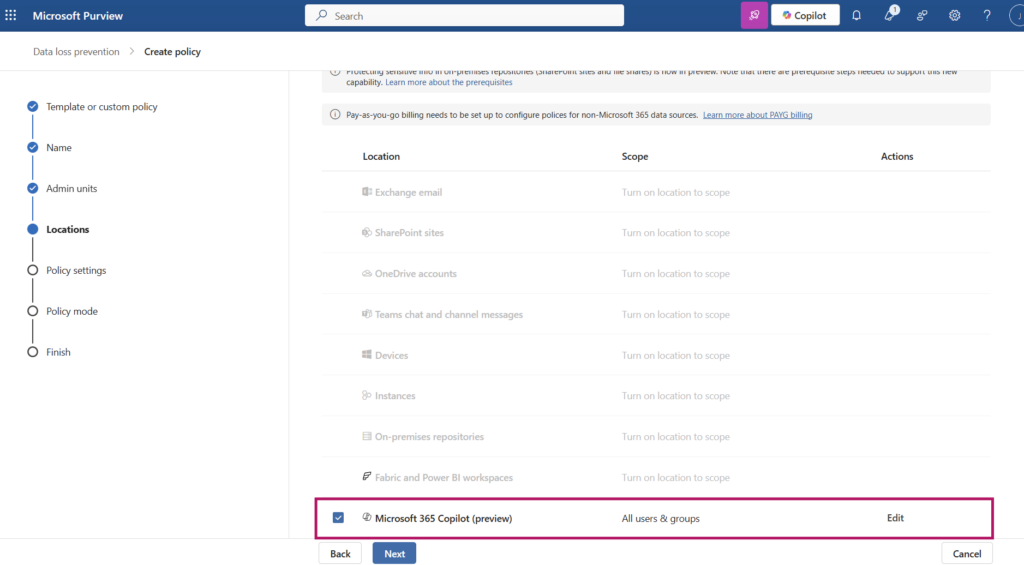 Screenshot voor de configuratie van een DLP policy om te zorgen dat Copilot geen sensitieve informatie verwerkt wanneer deze wordt opgevraagd via een prompt.