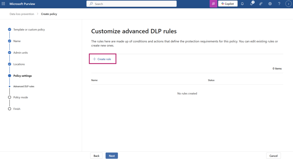 Screenshot voor de configuratie van een DLP policy om te zorgen dat Copilot geen sensitieve informatie verwerkt wanneer deze wordt opgevraagd via een prompt.