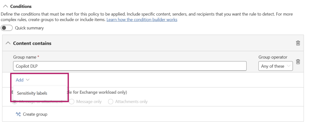 Screenshot voor de configuratie van een DLP policy om te zorgen dat Copilot geen sensitieve informatie verwerkt wanneer deze wordt opgevraagd via een prompt.